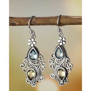 Blue  Yellow Pear Shaped Topaz Filigree Silver Alloy Earrings French Wire Dangle